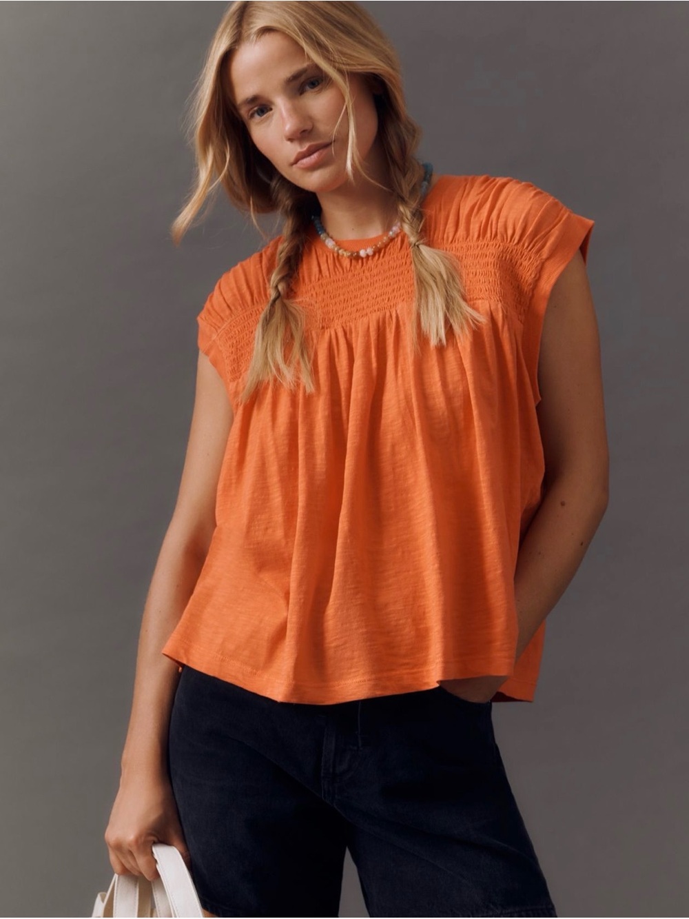 Anthropologie Orange Smocked Yoke Cap-Sleeve shirt